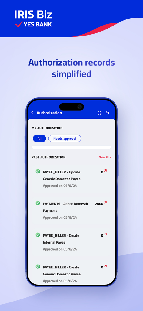 IRIS Biz by YES BANK - IRIS Biz by YES BANK mobile app interface displaying authorization records for business payments and payee updates.