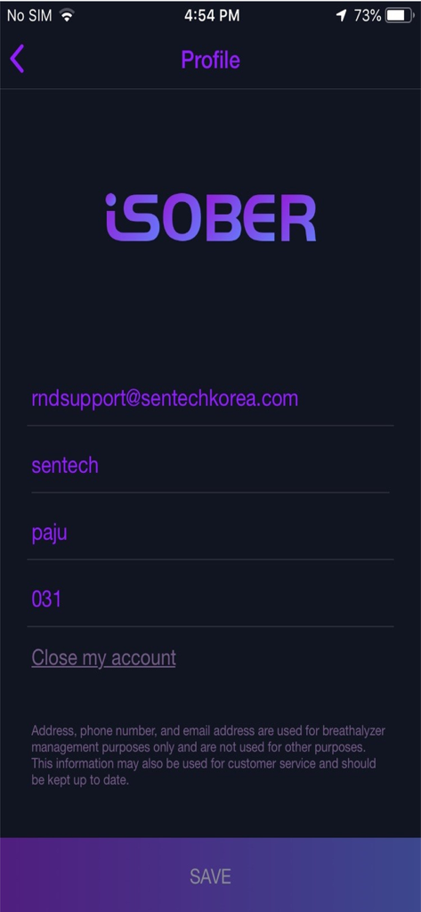 User profile screen in the i-SOBER app showing account details and settings
