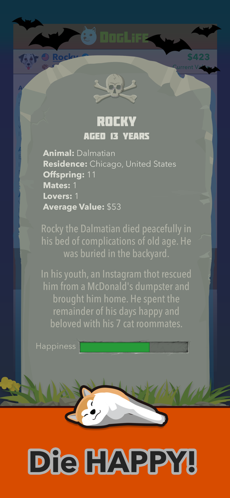 A screenshot of the DogLife mobile game showing a Dalmatian's tombstone with humorous life stats and a Die Happy message