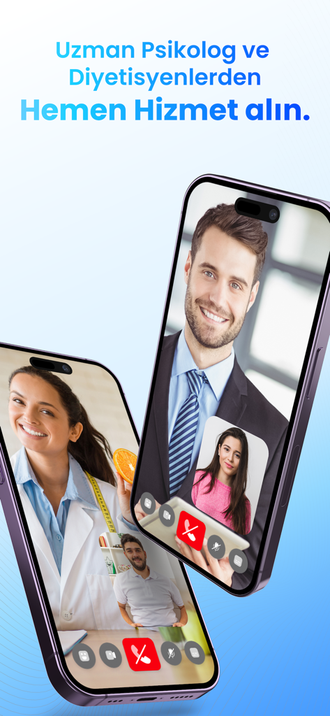 Happ | Check-Up - Mobile app screen showing online video consultations with a psychologist and a dietician