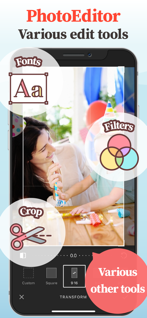 MyPics - A Powerful PhotoAlbum - MyPics photo editor interface showing tools for filters, cropping, and fonts