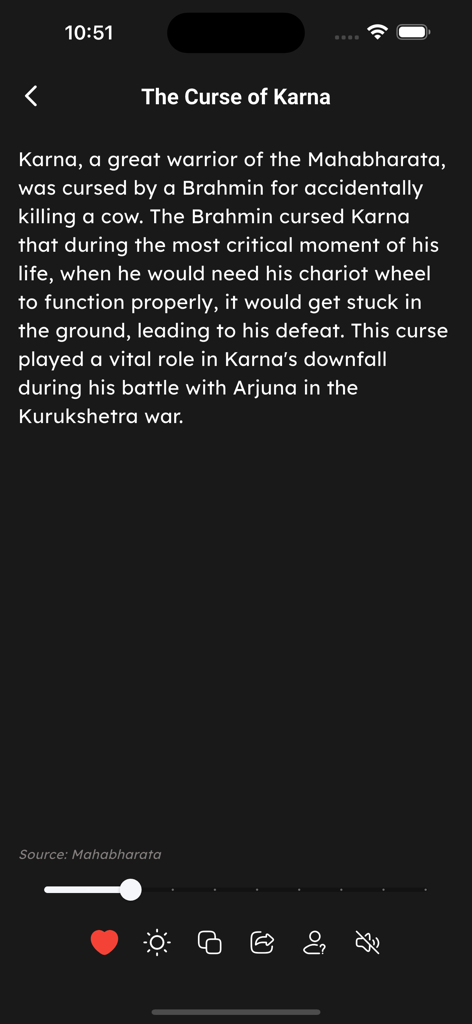 A spiritual story screen in the Naam Jap Counter app displaying the legend of the Curse of Karna from the Mahabharata
