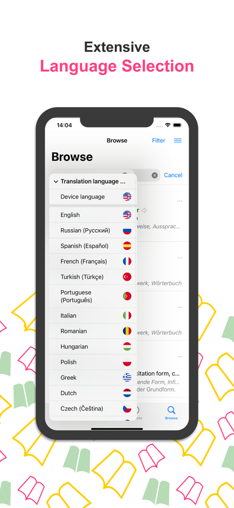 Verbs German Dictionary - Language selection menu in the Verbs German Dictionary app showing various translation options with flags