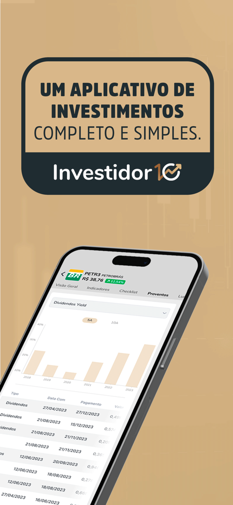 Investidor10 - Investidor10 mobile app showing a dividend yield chart and payment history table for Petrobras stocks
