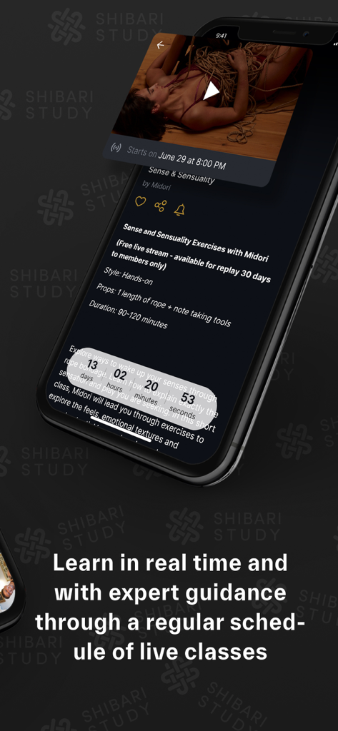 Um smartphone exibindo a interface do aplicativo Shibari Study para aulas ao vivo com instrutores especialistas e um cronômetro.