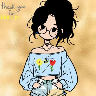 girl with a messy ponytail glasses a baggy crop top and jean shorts