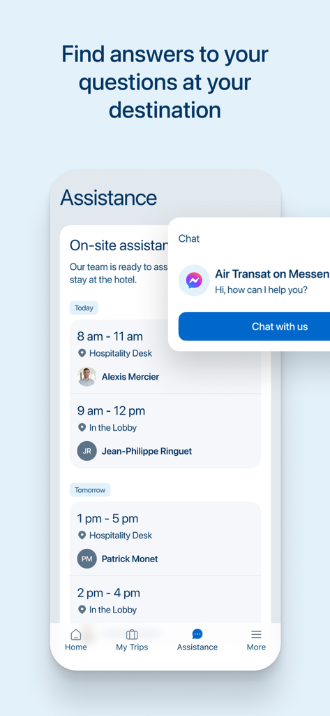 L'écran d'assistance de l'application Air Transat affiche les horaires des représentants sur place et une option de clavardage.