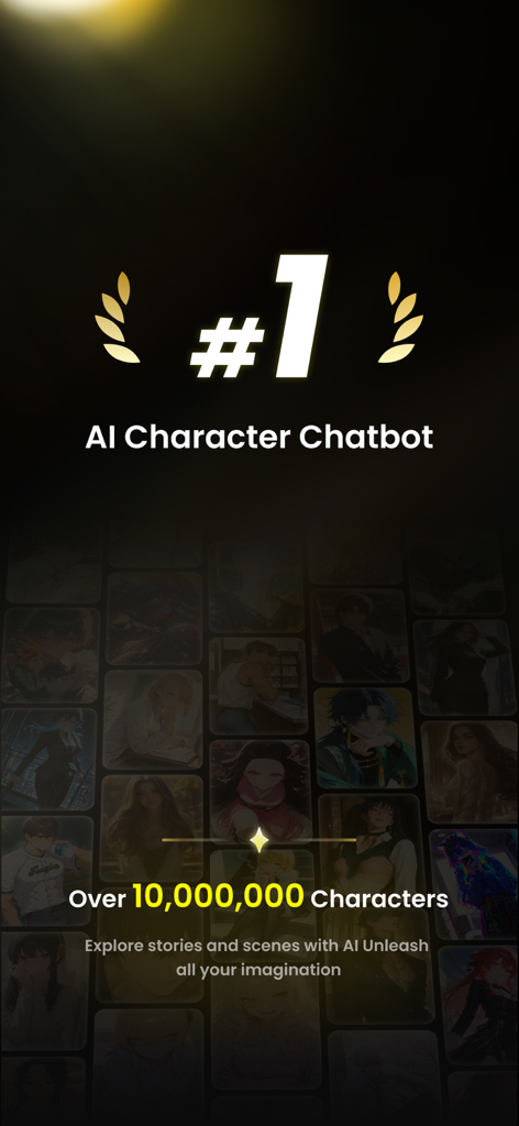 Emochi: Unlimited Chat with AI - Interface do aplicativo Emochi mostrando o chatbot de personagens de IA número um com mais de dez milhões de personagens de anime para roleplay e storytelling