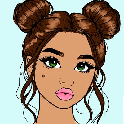 realistic girl with two buns on her hair and lips