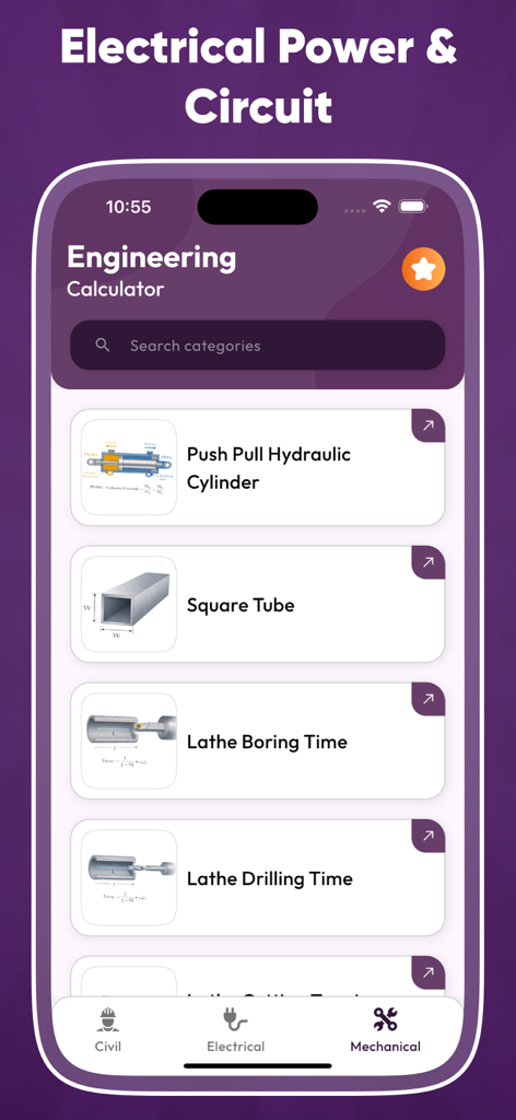 Engineer Pro Toolkit - Interfaz de la aplicación Engineer Pro Toolkit mostrando calculadoras de ingeniería mecánica para cilindros hidráulicos y mecanizado de tornos