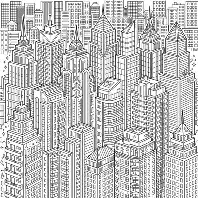 Immerse yourself in a fascinating urban landscape with this detailed coloring page featuring numerous residential skyscrapers. Explore a vibrant city scene, ready for your artistic touch to bring it to life.
