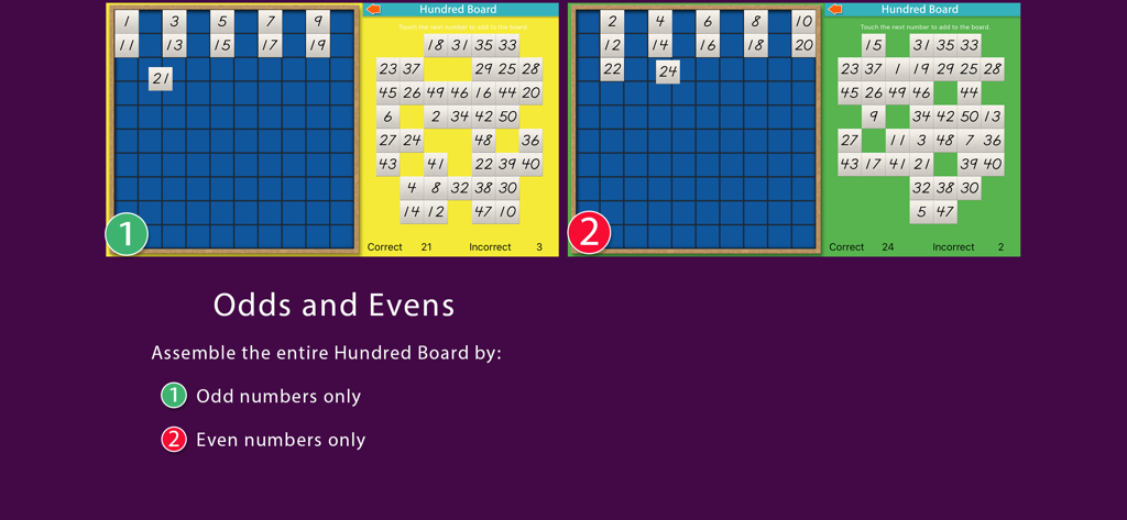 Hundred Board -Montessori Math - Screenshot of the Hundred Board Montessori Math app showing two gameplay modes for sorting odd and even numbers