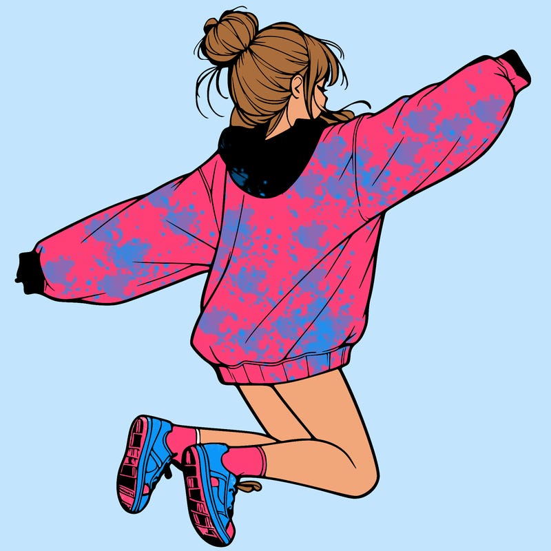 realistic girl jumping with a bun and oversized sweatshirt