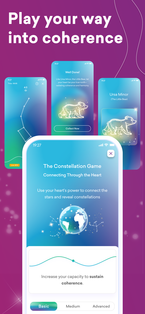 Pantallas de la aplicación móvil HeartMath que muestran el Juego de la Constelación para el entrenamiento de la coherencia cardíaca.