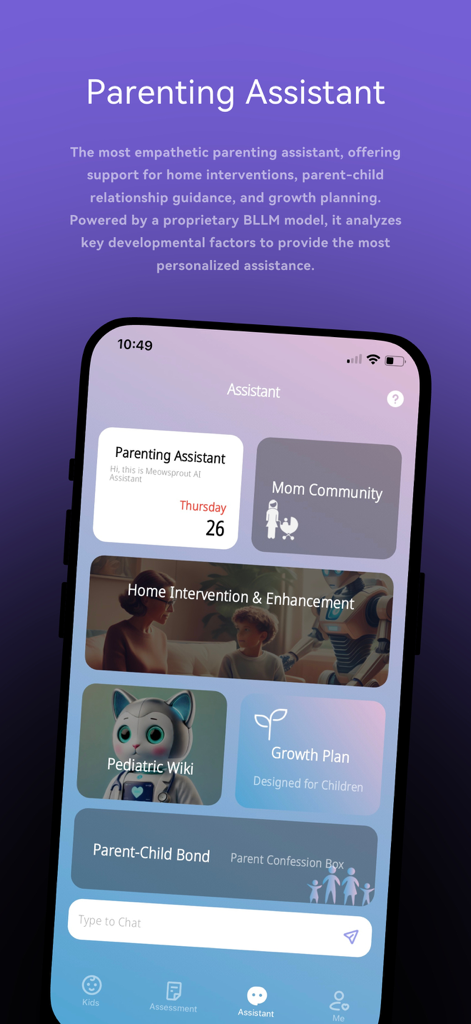 Meowsprout app interface displaying the AI Parenting Assistant dashboard with features like pediatric wiki, growth plans, and community resources.
