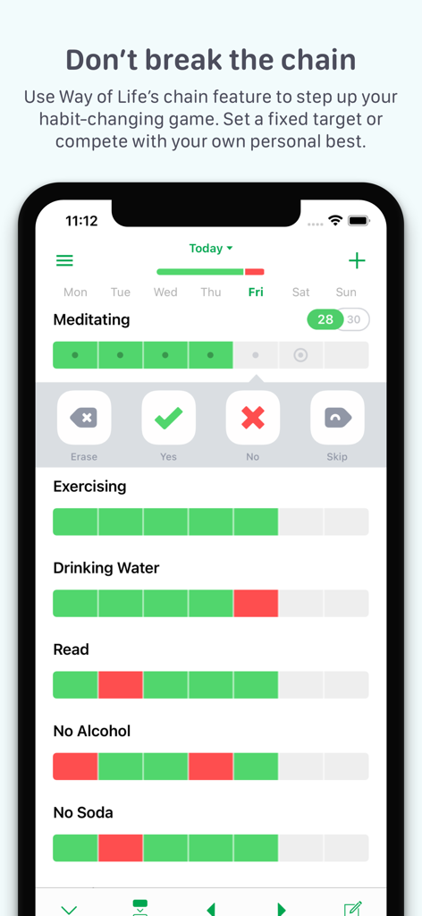 Interfaz de la aplicación rastreador de hábitos Way of Life mostrando la función de cadenas con bloques de progreso diario en verde y rojo para varios hábitos.