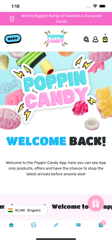 Pantalla de bienvenida de la app móvil Poppin Candy con dulces internacionales coloridos y mensaje de acceso prioritario