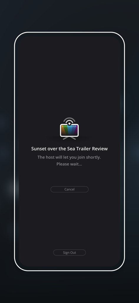 DaVinci Remote Monitor app interface showing a waiting room for a video review session named Sunset over the Sea Trailer Review
