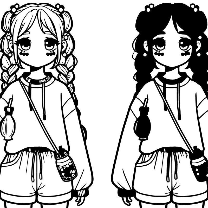 real girl with two braids with a baggy sweatshirt and shorts with boba