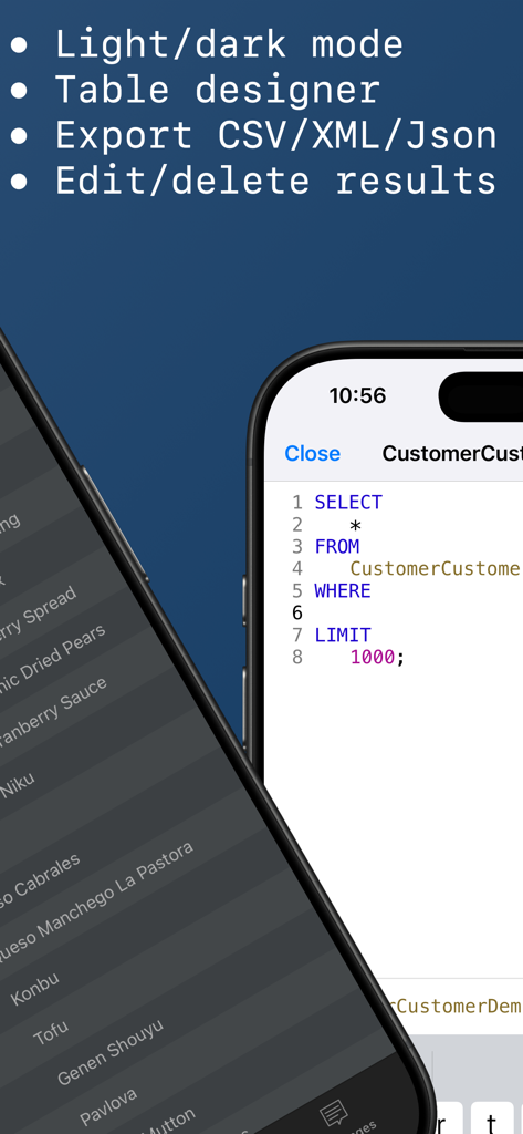 Interface of MySQL Client by SQLPro showing SQL query execution and a list of key features.