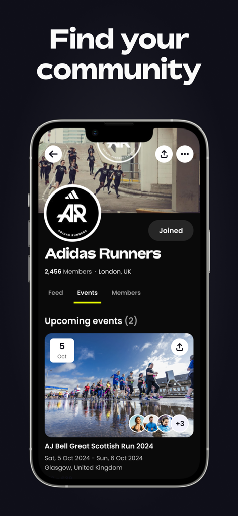 Let’s Do This: Running Events - A mobile app screen showing a running community profile for Adidas Runners with upcoming events like the Great Scottish Run.