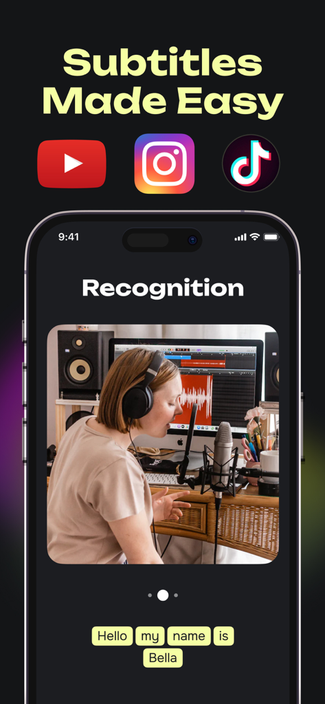 Captions AI: Video Subtitles - Mobile app interface for Captions AI showing automatic video subtitle recognition for social media content creators