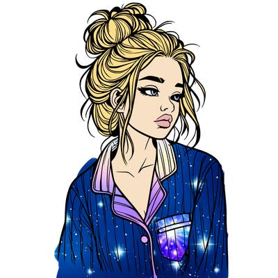 realistic woman with pajamas on and a messy bun