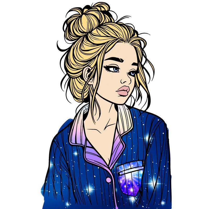 realistic woman with pajamas on and a messy bun