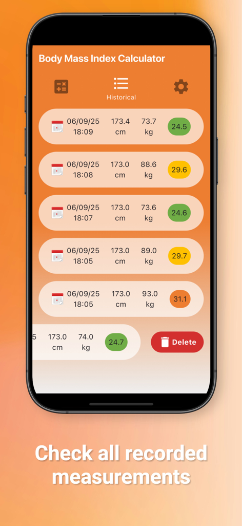 Body Mass Index Calculator App - A list of past BMI measurements including date, height, weight, and color-coded BMI scores in the Body Mass Index Calculator App.