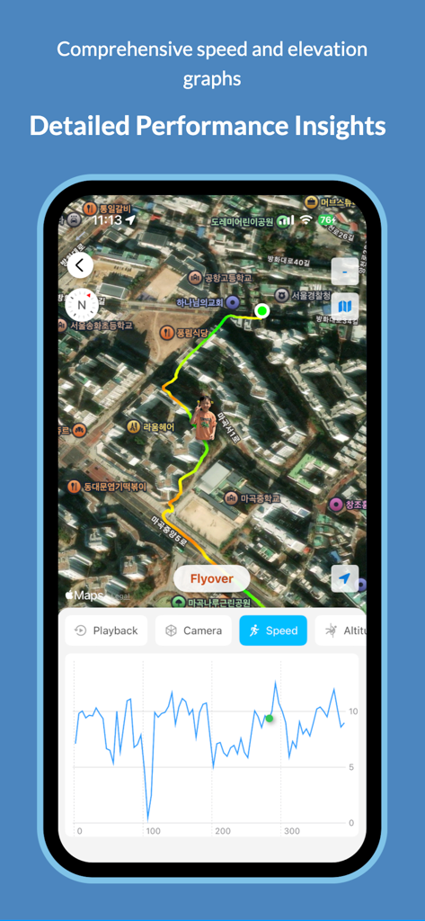 Pace Tracker - Running App - 페이스 트래커 앱에서 상세한 속도 성과 차트 아래에 달리기 경로가 표시된 지도입니다.