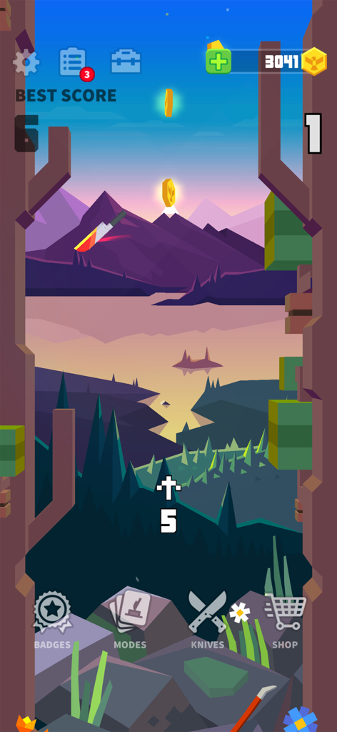 Un cuchillo girando entre paredes de madera en un paisaje montañoso estilizado en Flippy Knife