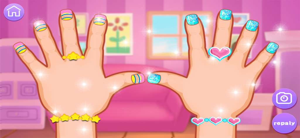Two hands with colorful nail art and sparkling jewelry in a salon game