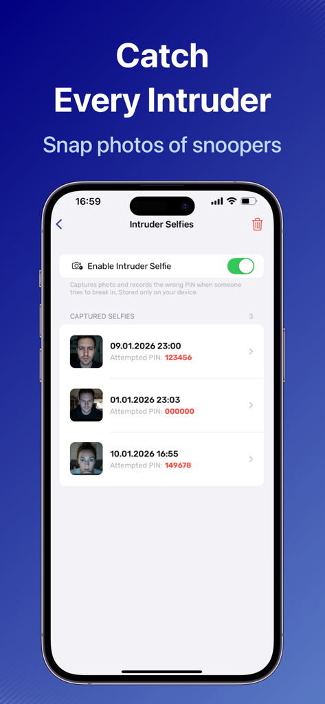Photo Lock Private: Locxafe - Interface of the Locxafe app showing the intruder selfie feature with captured photos and failed passcode attempts from snoopers