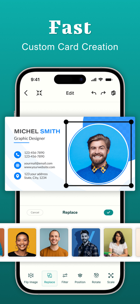 Business Card Maker : Creator - Mobile interface showing professional business card photo editing and customization options.