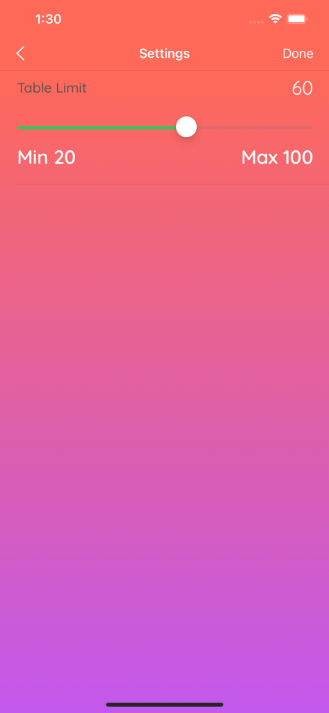 2048 Game & Maths Tables - Pantalla de configuración de la aplicación 2048 Game y Tablas de Multiplicar mostrando un control deslizante para configurar el límite de la tabla