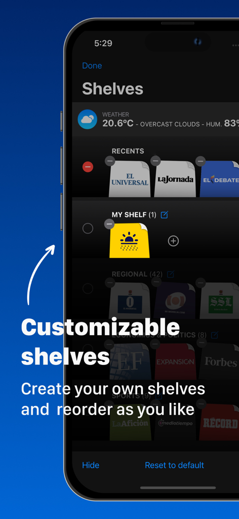 Mexican Newspapers - Interface of Mexican Newspapers app showing customizable news shelves with national and regional newspaper logos