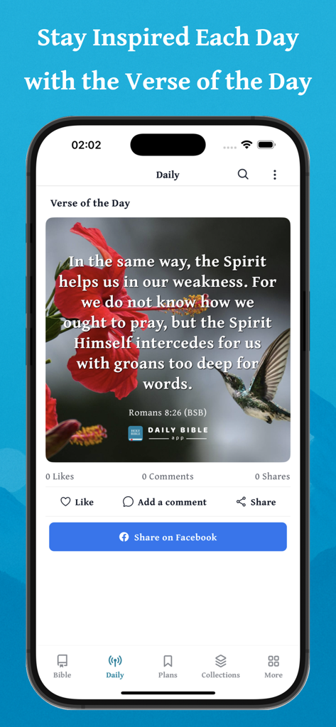 Daily Bible - Offline & Audio - Screenshot of the Daily Bible app showing the Verse of the Day screen with an inspirational image and social sharing options.