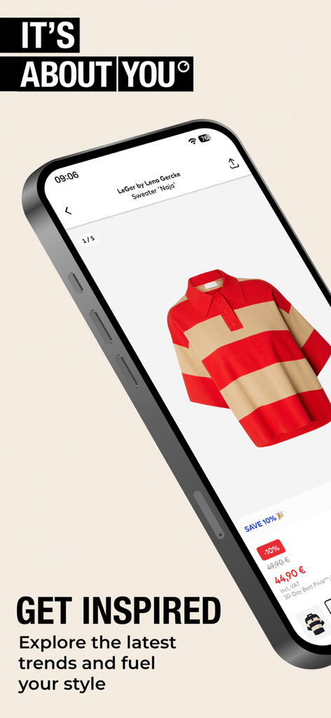 ABOUT YOU Online Fashion Shop - Smartphone affichant l'application de mode ABOUT YOU avec un pull rayé et le texte « Inspirez-vous ».