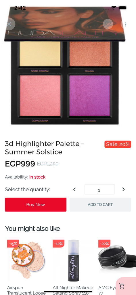 Product page for a luxury highlighter palette on the Face2Face mobile app