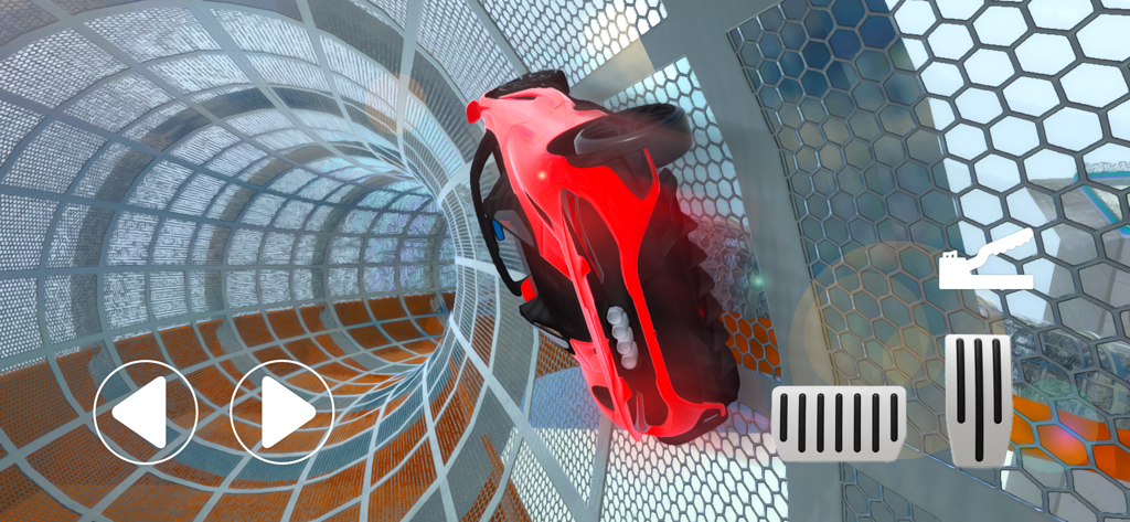 Car Crash - Stunt Parkour - A red luxury sports car driving through a cylindrical mesh tunnel on a high altitude stunt track.