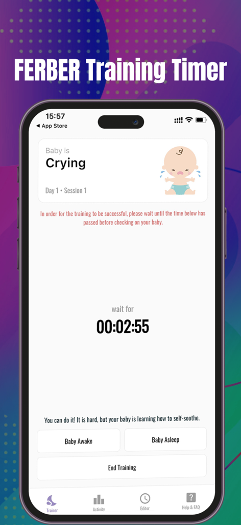 Sleep trainer - Ferber method - Ferber method sleep training app interface showing a countdown timer and motivational message for parents.