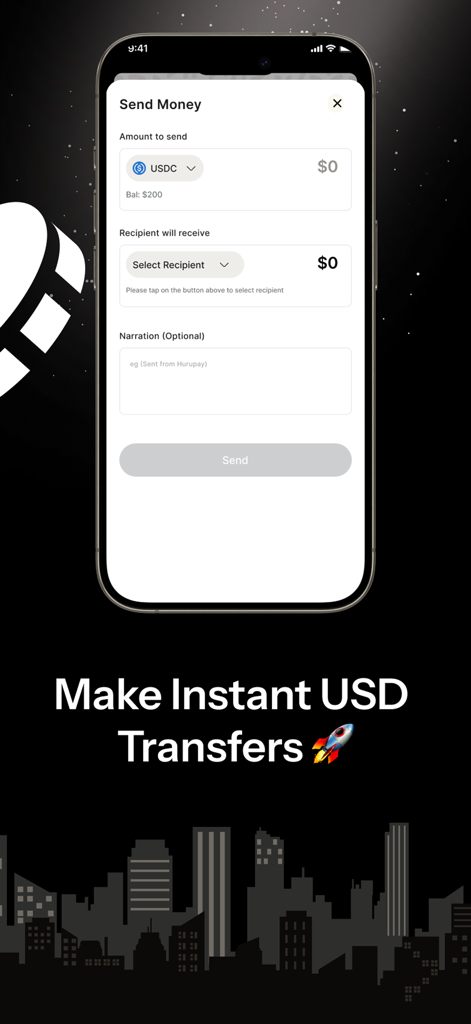 Hurupay - Global USD Banking - Hurupay mobile app interface showing a send money screen for instant USD and USDC transfers