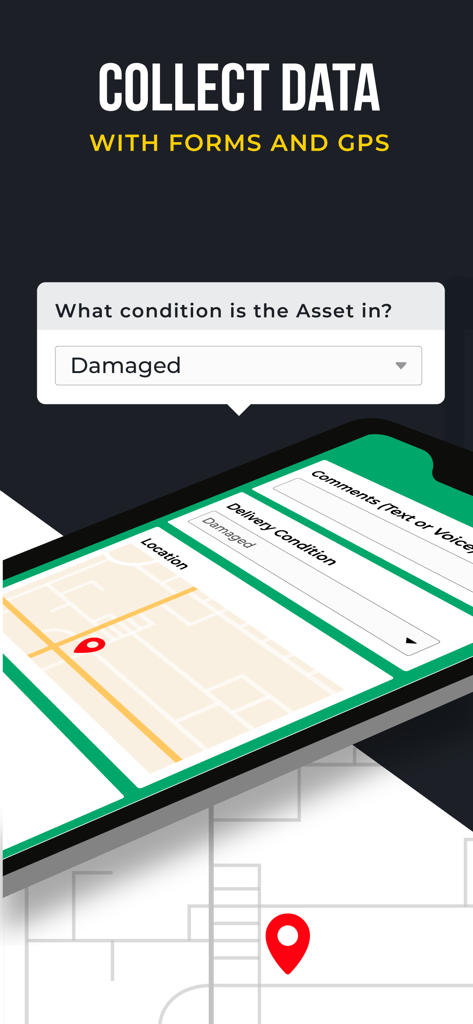 CodeREADr app interface showing data collection forms and GPS tracking for asset management