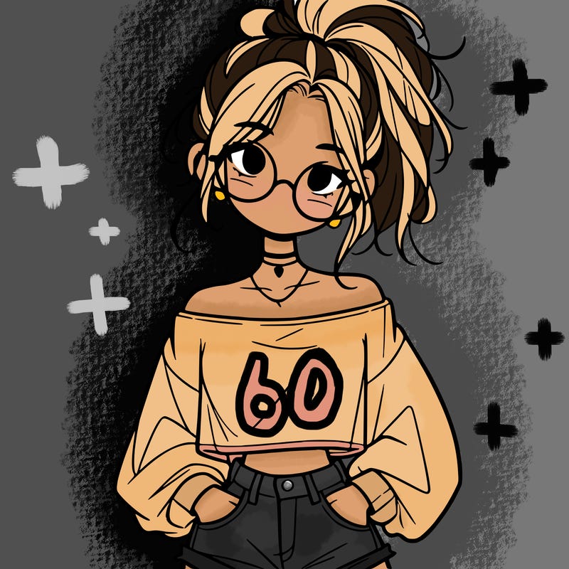 girl with a messy ponytail glasses a baggy crop top and jean shorts