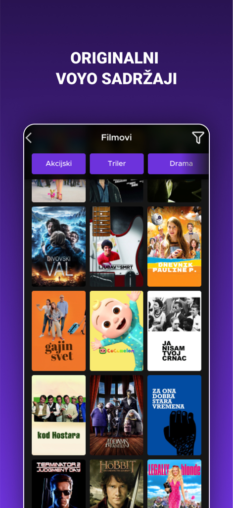 VOYO.rs - Interfaz de la aplicación VOYO.rs que muestra una selección de pósteres de películas y contenido original
