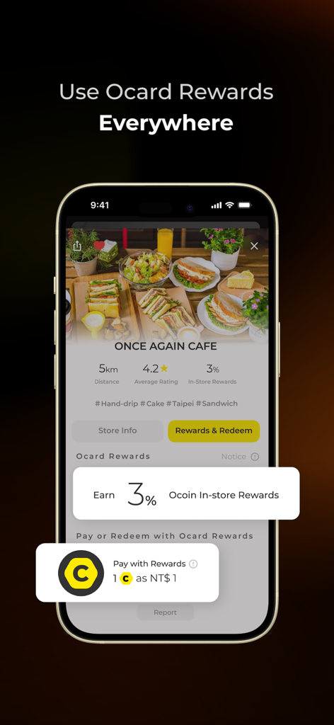 Ocard: Rewards and Coupons - Ocard app interface showing how to earn 3 percent Ocoin in-store rewards at a local cafe