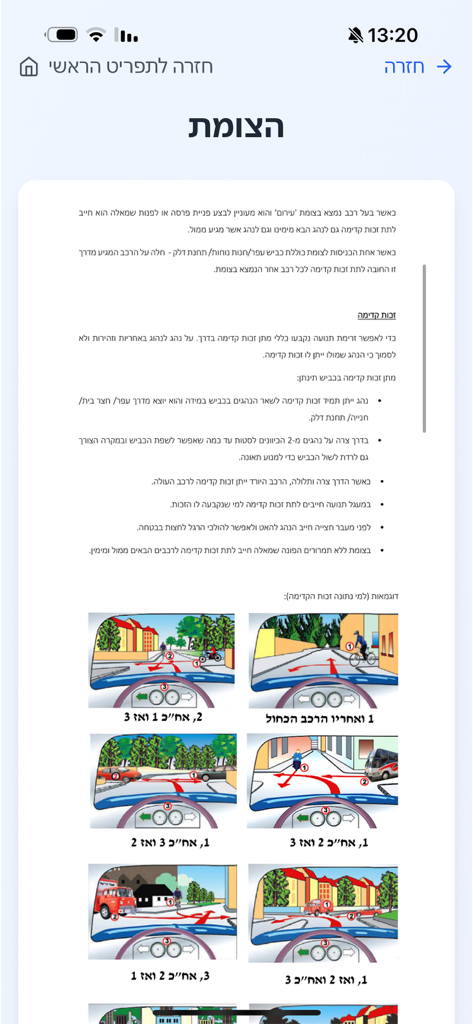 חינוך תעבורתי - Pantalla educativa que muestra reglas de tráfico y diagramas para intersecciones en una aplicación móvil