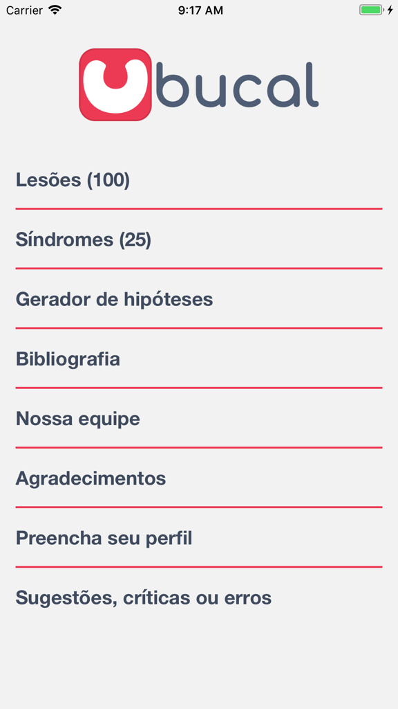 Main menu of the Bucal app showing clinical categories like oral lesions and syndromes in Portuguese.