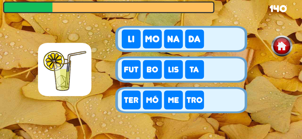 Sílabas y palabras Pro - Pantalla del juego educativo en español que muestra un vaso de limonada y palabras divididas en sílabas
