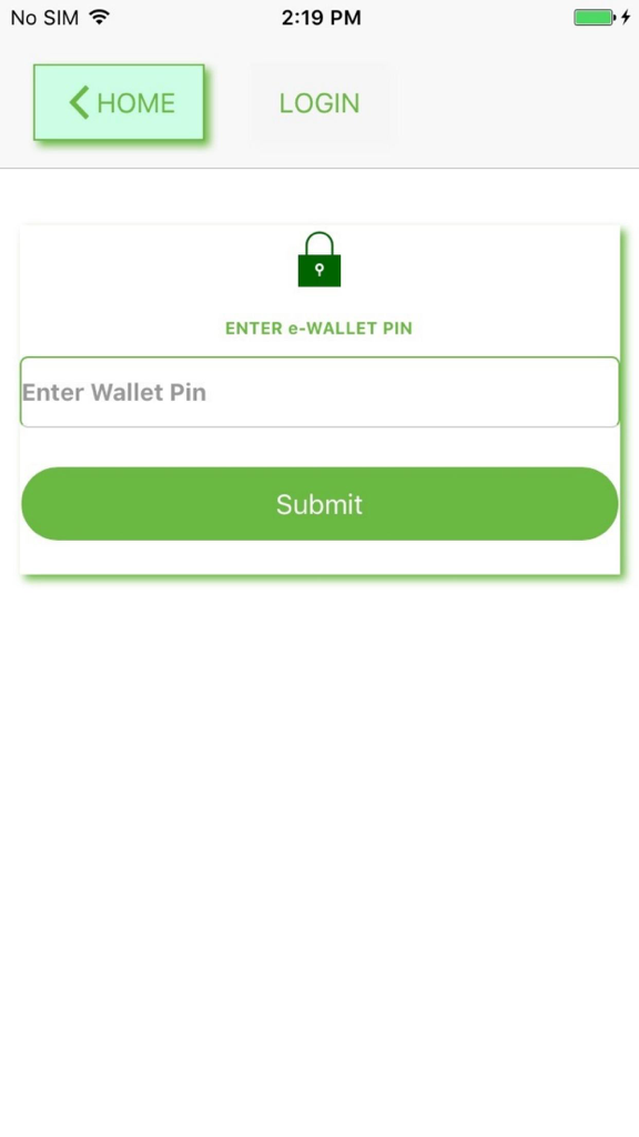 ZB eWallet - Security screen of ZB eWallet app asking for the user to enter their wallet pin with a submit button
